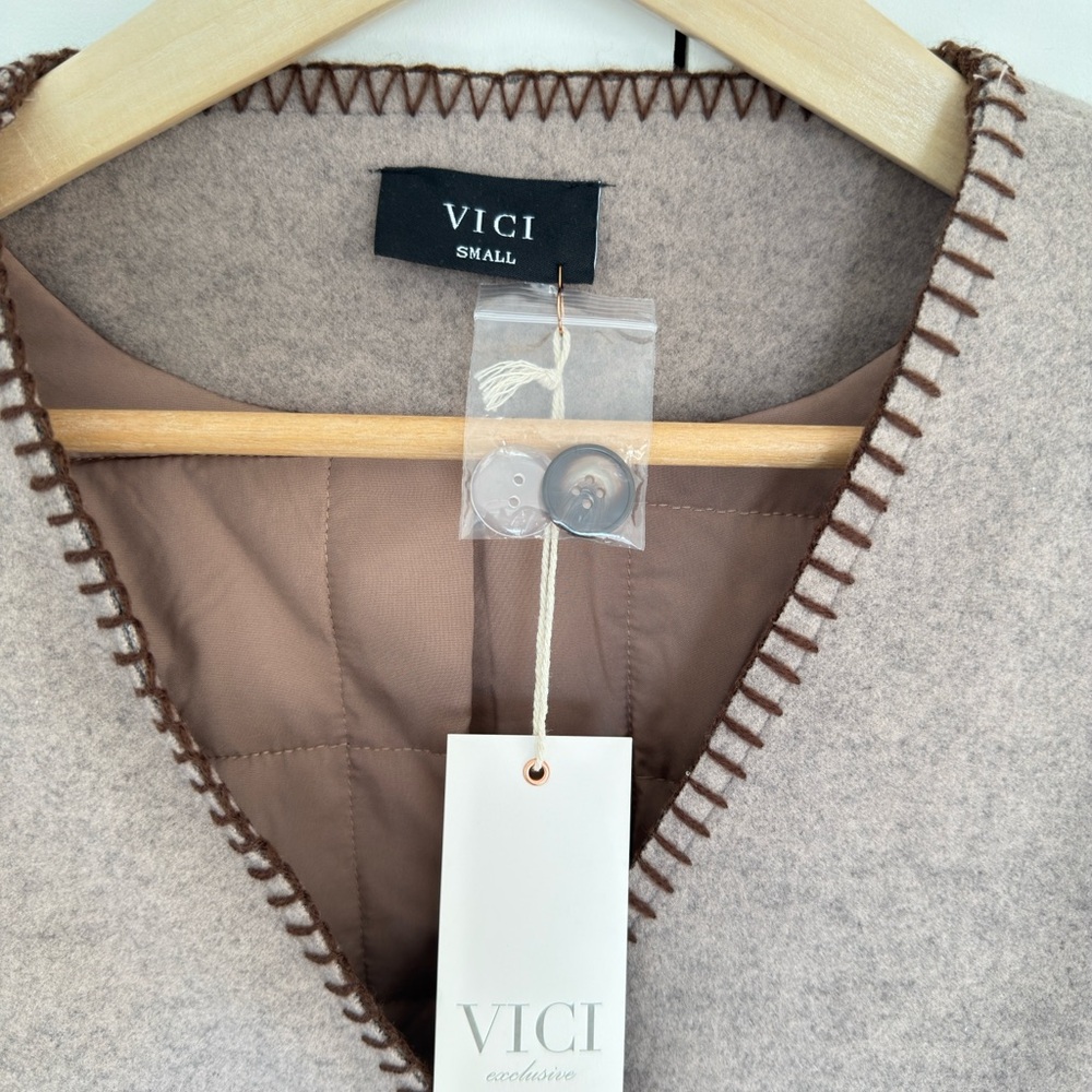 Vici Women's Beige Cardigan with Brown Trim - Picture 10 of 14